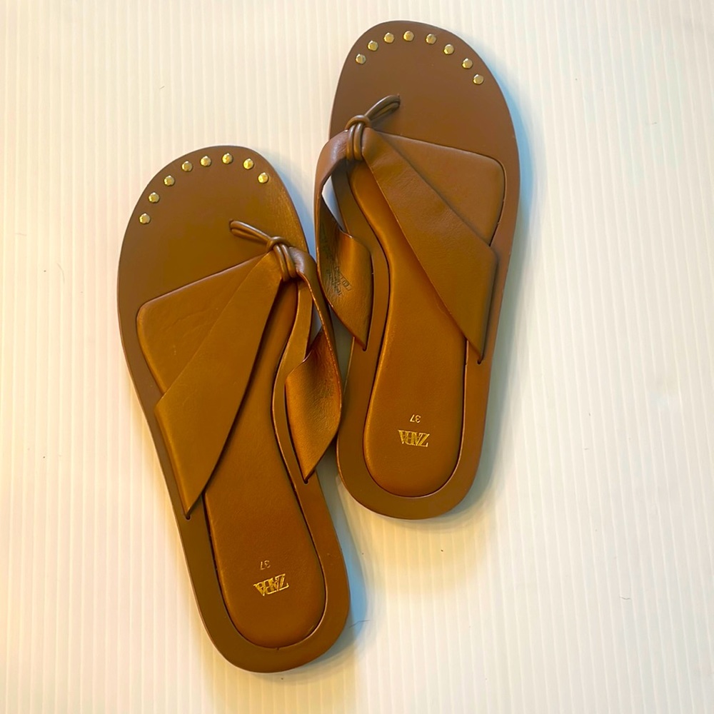 Zara brown leather stud sandals.